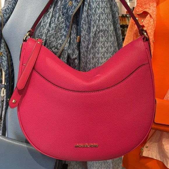 Michael Kors Dover Large Leather Top Zip Half Moon Shoulder Bag in Electric Pink - Picture 15 of 16
